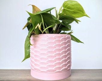 Light Pastel Pink Pot, Clouds Pattern Planter with Drainage Tray, Made from an Eco-Friendly Plant Based Plastic