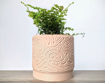 Tan Beige Pot, Coral Maze Planter with Drainage Tray, Made from an Eco-Friendly Plant Based Plastic