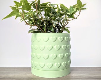 Light Pastel Green Pot, Heart Pattern Planter with Drainage, Made from an Eco-Friendly Plant Based Plastic