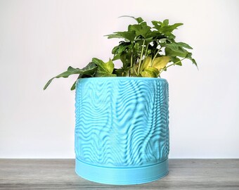 Jardinière bleu menthe clair, cache-pot ondulé avec plateau de drainage, fabriqué à partir d'un plastique végétal respectueux de l'environnement