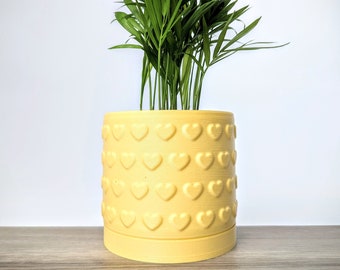 Light Pastel Yellow Planter, Heart Pattern Plant Pot with Drainage, Apartment Home Decor, Made from an Eco-Friendly Plant Based Plastic