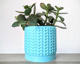 Jardinière bleu menthe clair, cache-pot moderne avec plateau de drainage, pots géométriques, fabriqué à partir d'un plastique végétal respectueux de l'environnement