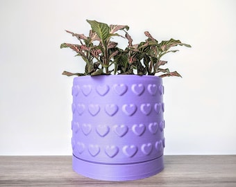Lavender Purple Planter, Heart Pattern Plant Pot with Drain Tray, Colorful Home Decor, Made from an Eco-Friendly Plant Based Plastic