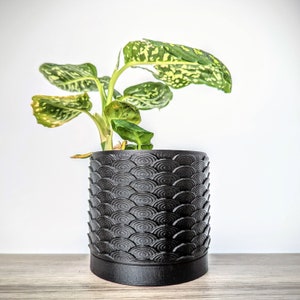 Maceta negra mate con diseño de nubes y bandeja de drenaje, hecha de plástico ecológico a base de plantas