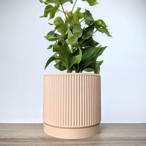 Tan Beige Planter, Fin Plant Pot with Drain Tray, Made from an Eco-Friendly Plant Based Plastic