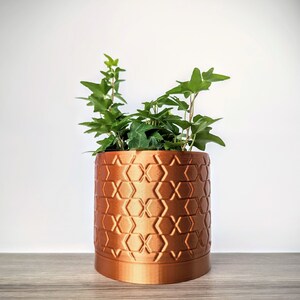 Puede incluir: Una maceta de color cobre con un patrón geométrico, llena de plantas de hiedra verde.