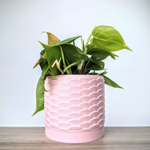 Light Pastel Pink Pot, Clouds Pattern Planter with Drainage Tray, Made from an Eco-Friendly Plant Based Plastic