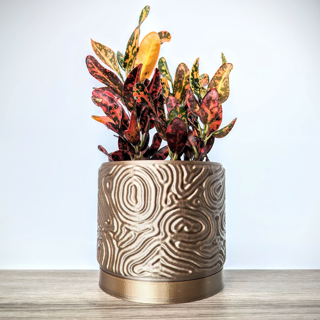 Bronze Chocolate Gold Pot, Coral Maze Planter With Drainage Tray, Made