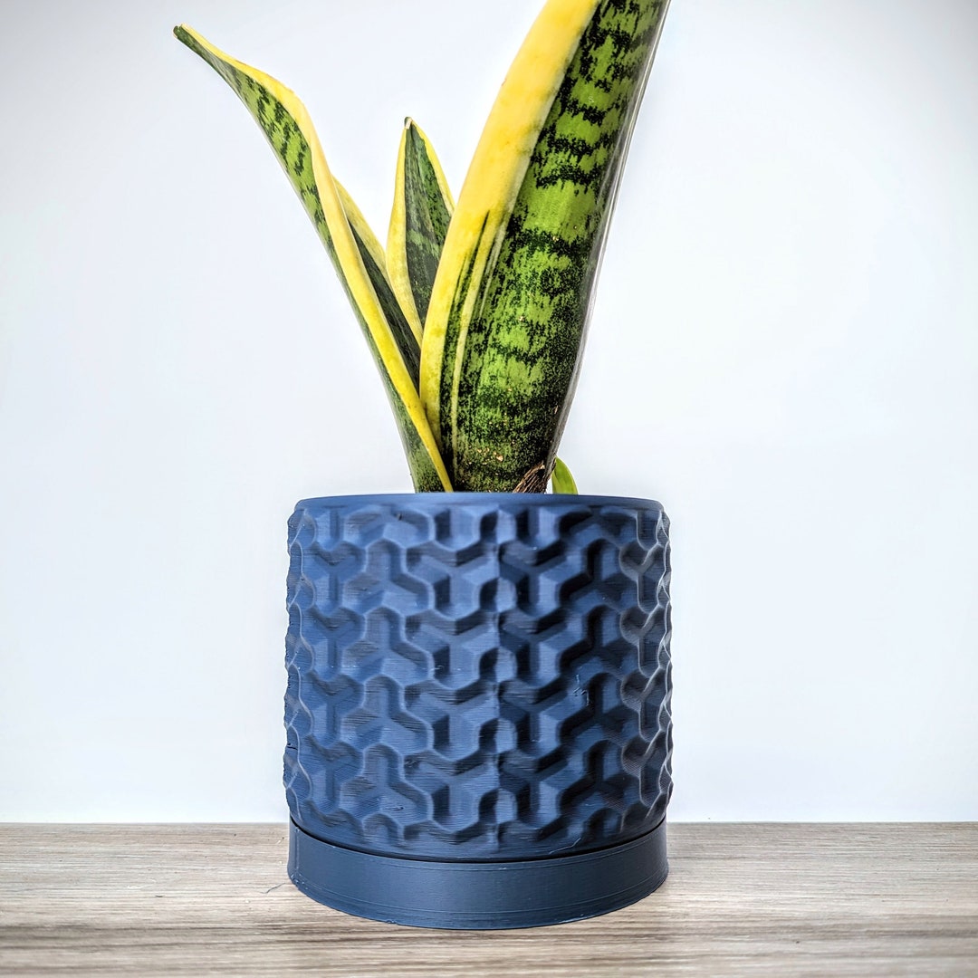 Dark Blue Navy Planter, Geometric Plant Pot With Drain Tray, Minimalist
