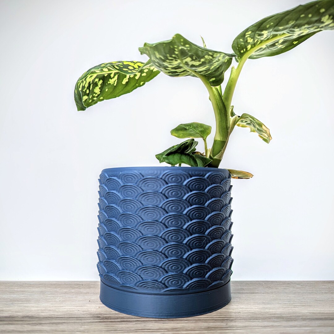 Dark Blue Navy Pot, Clouds Pattern Planter With Drainage Tray, Made