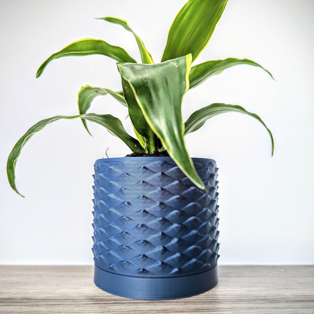 Dark Blue Navy Pot, Dragon Scale Planter With Drainage Tray, Made From