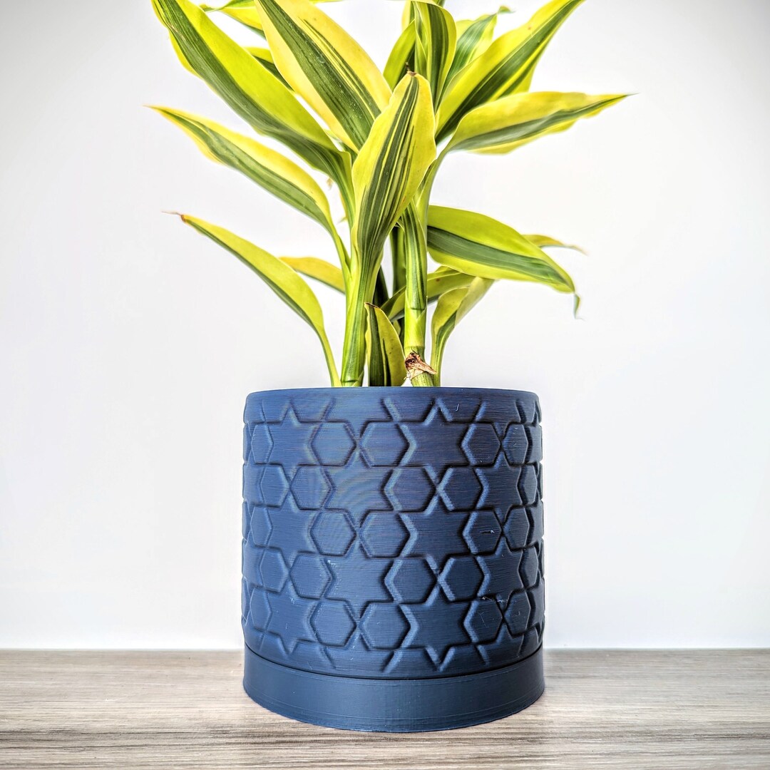Dark Blue Navy Pot, Star Patterned Planter With Drainage Tray, Made