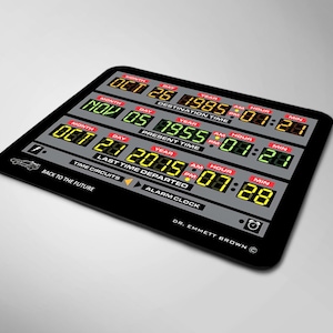 May include: A black and gray time machine clock with a digital display. The clock shows the date and time. The clock has the text "Back to the Future" and "Dr. Emmett Brown" on it.