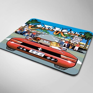 May include: A red sports car with the words "Out Run" in a colorful font drives down a road with palm trees and people on the sides.