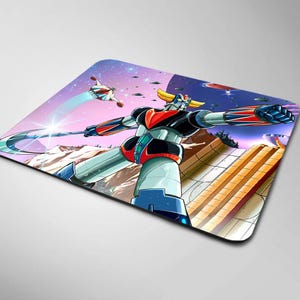 May include: A square mousepad featuring a colorful illustration of a robot superhero in a dynamic pose, set against a space-themed background with flying vehicles. The robot is primarily red, black, and blue.