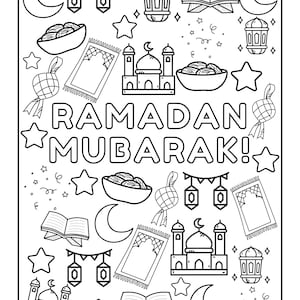 Op de afbeelding: Een zwart-witte kleurplaat met de tekst "RAMADAN MUBARAK!" omringd door verschillende islamitische symbolen, waaronder een halve maan, een moskee, een gebedskleed, een lantaarn en een kom met dadels.