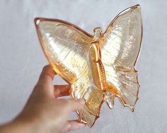Irradecent Butterfly Candy or trinket dish  from Jeanette Glass, 1950s Carnival glass.