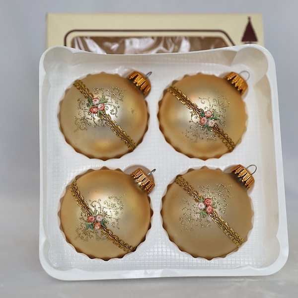 Krebs Glass Christmas Ornaments- Box of 4 Vintage Gold-Colored