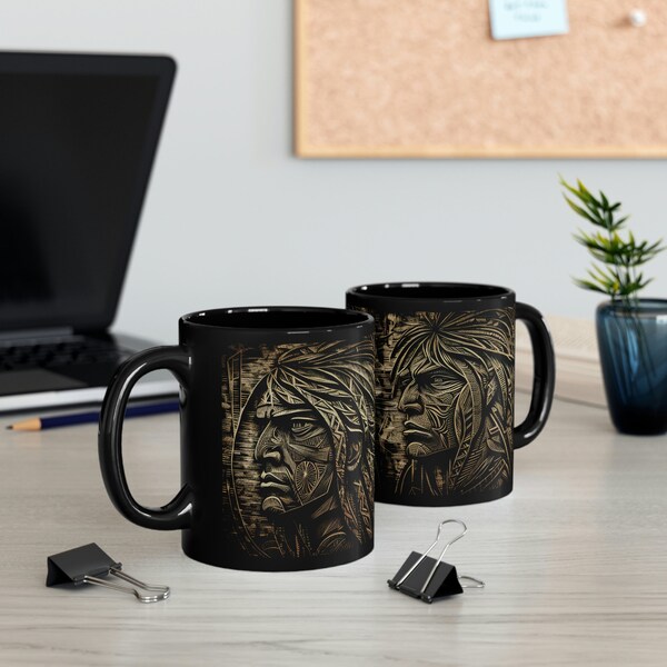 Sgraffito Italian Scratched art  5 11oz Black Mug Unique, Eye-catching, Stylish, Exquisite, Intricate, Beautiful, Impressive, Elegan