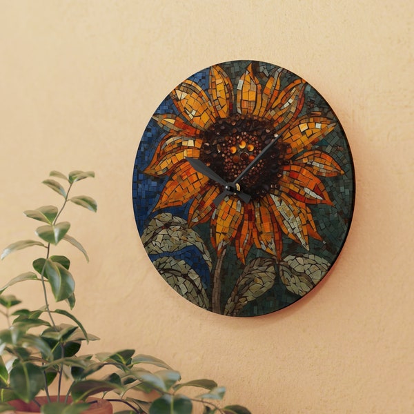 Sunflower Mosaic Design Round Acrylic Clock Transform Your Space with a Personalized Masterpiece Beautiful Wall Gift office mom dad sis bro