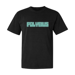 May include: Black t-shirt with a teal blue "POLYBIUS" graphic printed on the front.