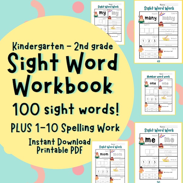 Sight word workbook- 100 sight word practice- one to ten spelling- Instant Download- preschool kindergarten first second grade - spelling