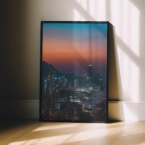 Hong Kong Skyline Sunset Poster, Travel Photography Print, Cityscape Wall Art, Urban Landscape Poster Decor, Asia Photography Print
