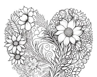 Daisy Heart Coloring Page Printable Floral Design for Relaxation and