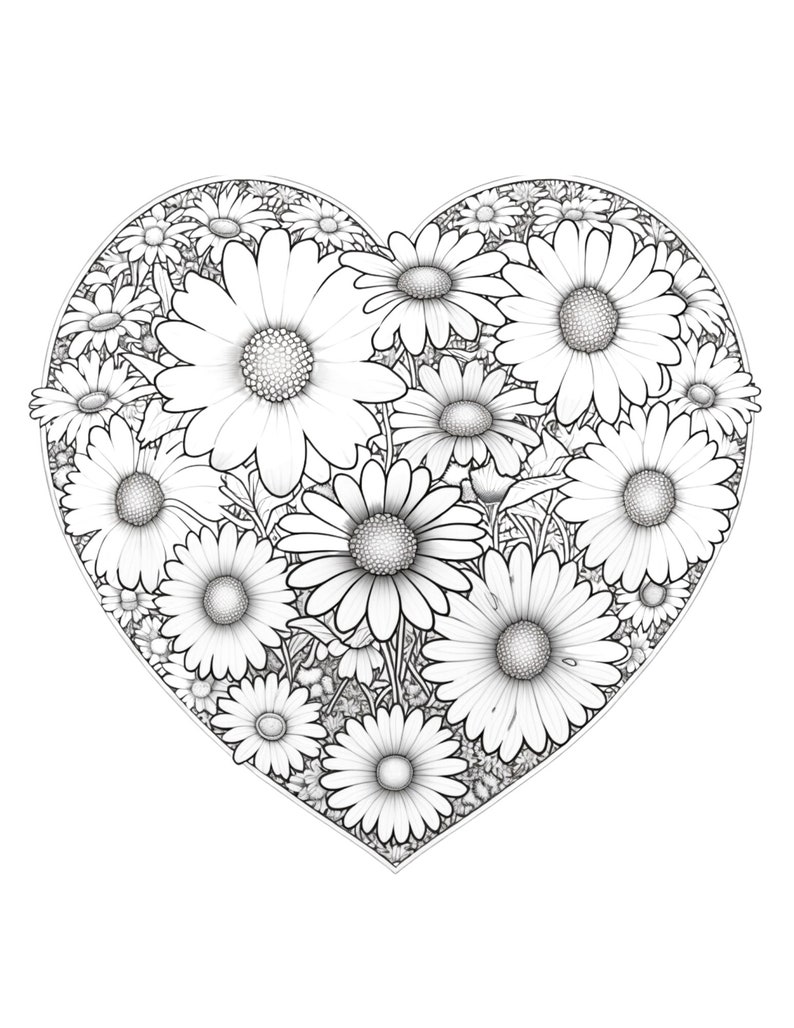 Daisy Heart Coloring Page Printable Floral Design for Relaxation and