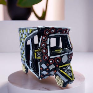 Ceramic Tuk Tuk Taxi – Hand-Painted Pakistani Rickshaw with Mirror Work Unique Toy Truck Décor, Colorful Collectible Gift Artistic Truck Art