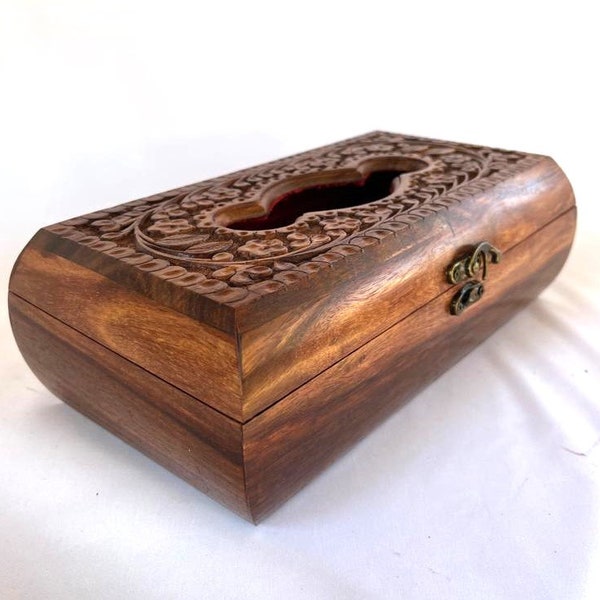 Rosewood Tissue box, 11"x6"x4"hand carved Floral pattern. Hand crafted, Tissue Box Cover, Natural Tissue wood box
