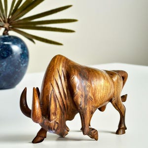 Rosewood Bull Sculpture – Large Carved Wooden Ox Statue 18x11 Inch, Solid Wood Bull Figurine, Rustic Animal Décor for Home or Office