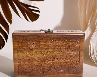 Box Hand-Carved Wooden – Floral Jewelry Storage Keepsake Lock