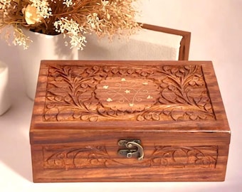 Handmade Carved Wooden Jewelry Box – Velvet-Lined Ring & Watch Storage