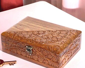 Hand-Carved Wooden Jewelry Box –A 9x7x3 Floral Keepsake Storage