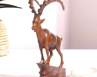 Wooden Mountain Goat Sculpture 5"x10"x2"– Hand-Carved Rustic Wildlife Decor