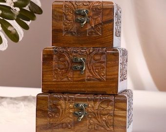 Box Wooden Set – Handcrafted Floral Carved Storage with Antique Latch