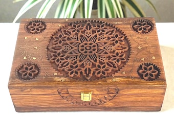 Handmade Carved Wooden Jewelry Box 10"x7"x4"– Velvet Lined Organizer Golden lock