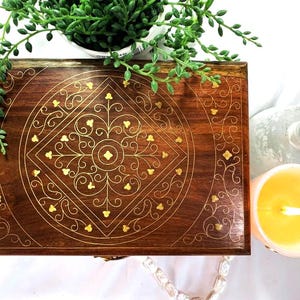 Handcrafted Rosewood Jewelry Box 10x7x3 – Brass Inlaid Mystic Design | Elegant Makeup & Jewelry Organizer | Perfect Gift Box