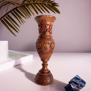 Vase Handcrafted Rosewood 11&quot;x5&quot;x5&quot; – Carved Floral Design, Elegant Wooden Flower Vase, Unique Decorative Home Décor