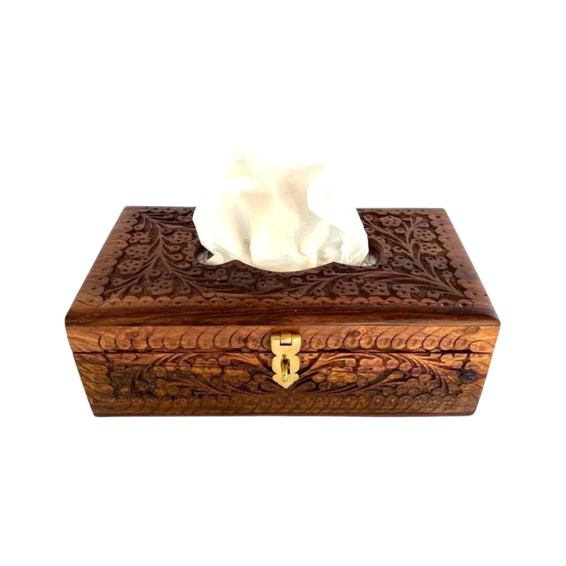 Handcrafted Rosewood Tissue Box 11x6x4 With Floral Carving Elegant Wood ...