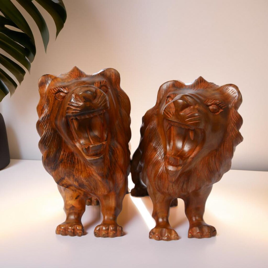 Lion Shell Inlay Set of 2 Handmade Wooden Lion Statues 13x8x4 – Brass Inlay Accents ...