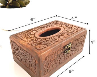 Rosewood Tissue Box Cover 9"x6"x4" – Hand-Carved Floral, Velvet Lining