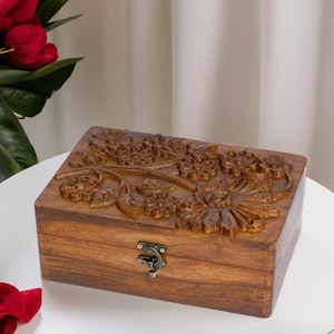 Floral Wooden Box – 9x6x4 – Hand-Carved Jewelry & Trinket Storage, Elegant Keepsake Organizer, Perfect Gift Box