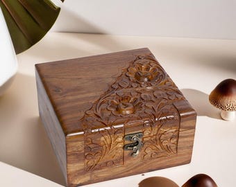 Box Wooden Jewelry – Handmade Carved Floral Keepsake Chest with Lock