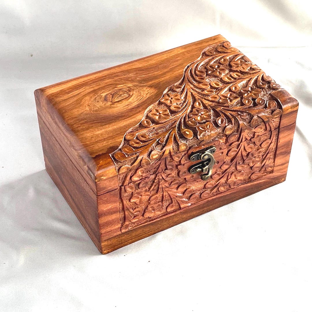 Handmade Rosewood Jewelry Box – Floral Carved Wooden Keepsake Storage ...