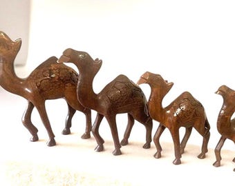 Hand Carved Rosewood Camel Figurines - Set of 4 Middle Eastern Decor