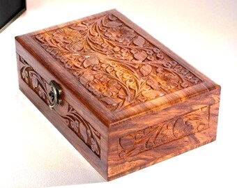 Carved Wooden Jewelry Box – A 7x5x3 Handcrafted Enchanted Forest Design