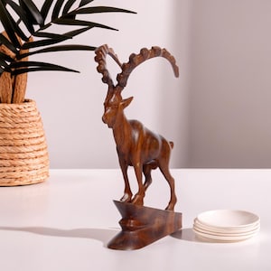 Wooden Mountain Goat Sculpture – Hand-Carved Rustic Wildlife Decor
