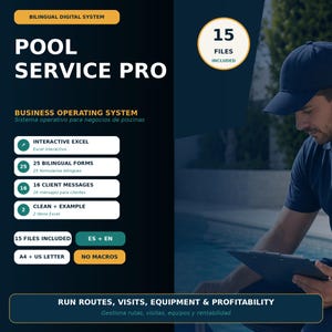 Pode incluir: Um sistema operacional digital para empresas de serviços de piscina intitulado Pool Service Pro. Inclui 15 arquivos, planilhas Excel interativas, 25 formulários bilíngues, 16 mensagens para clientes e 2 exemplos. Formatos A4 e US Letter.